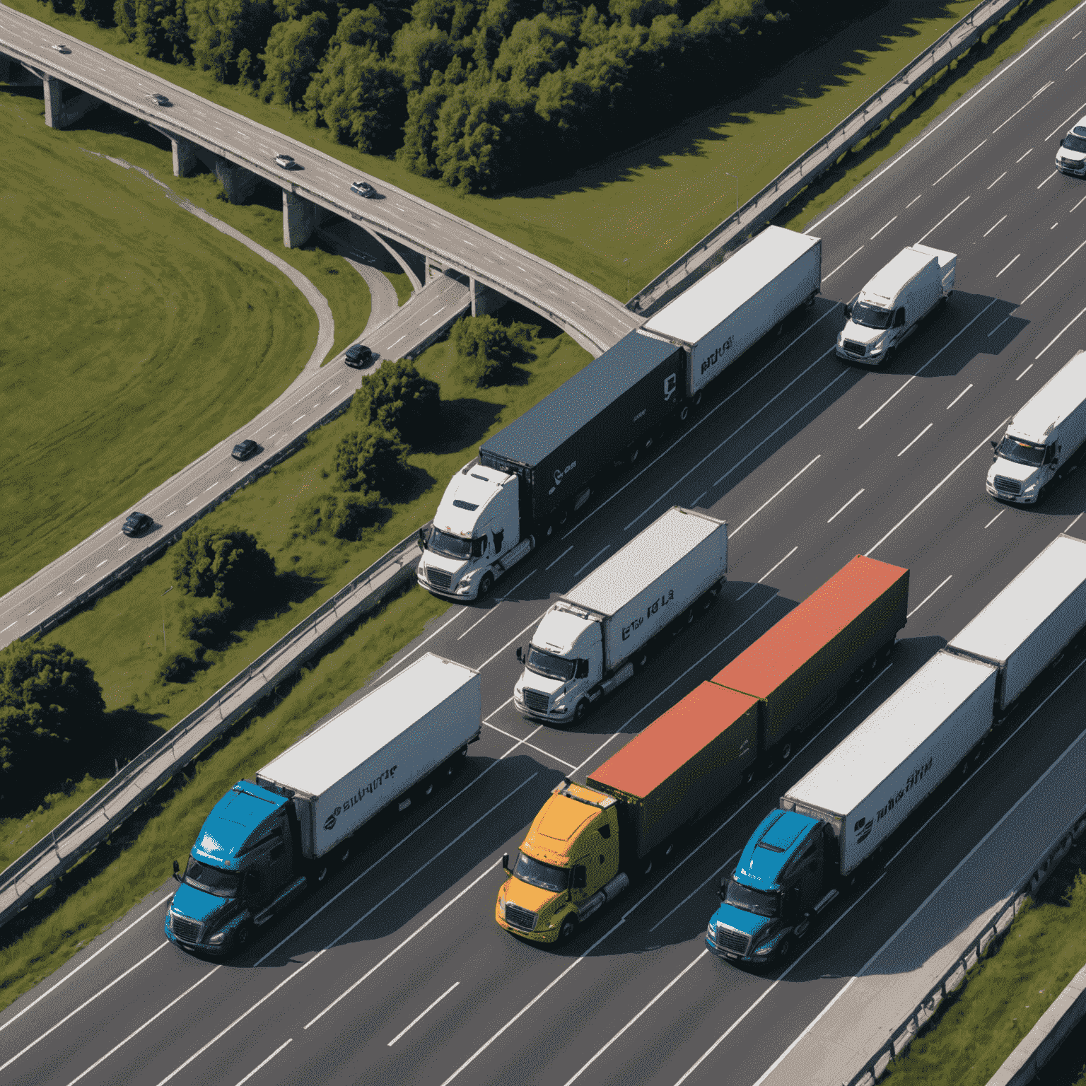 AI-powered freight logistics optimization visualization showing trucks on optimized routes with data overlays