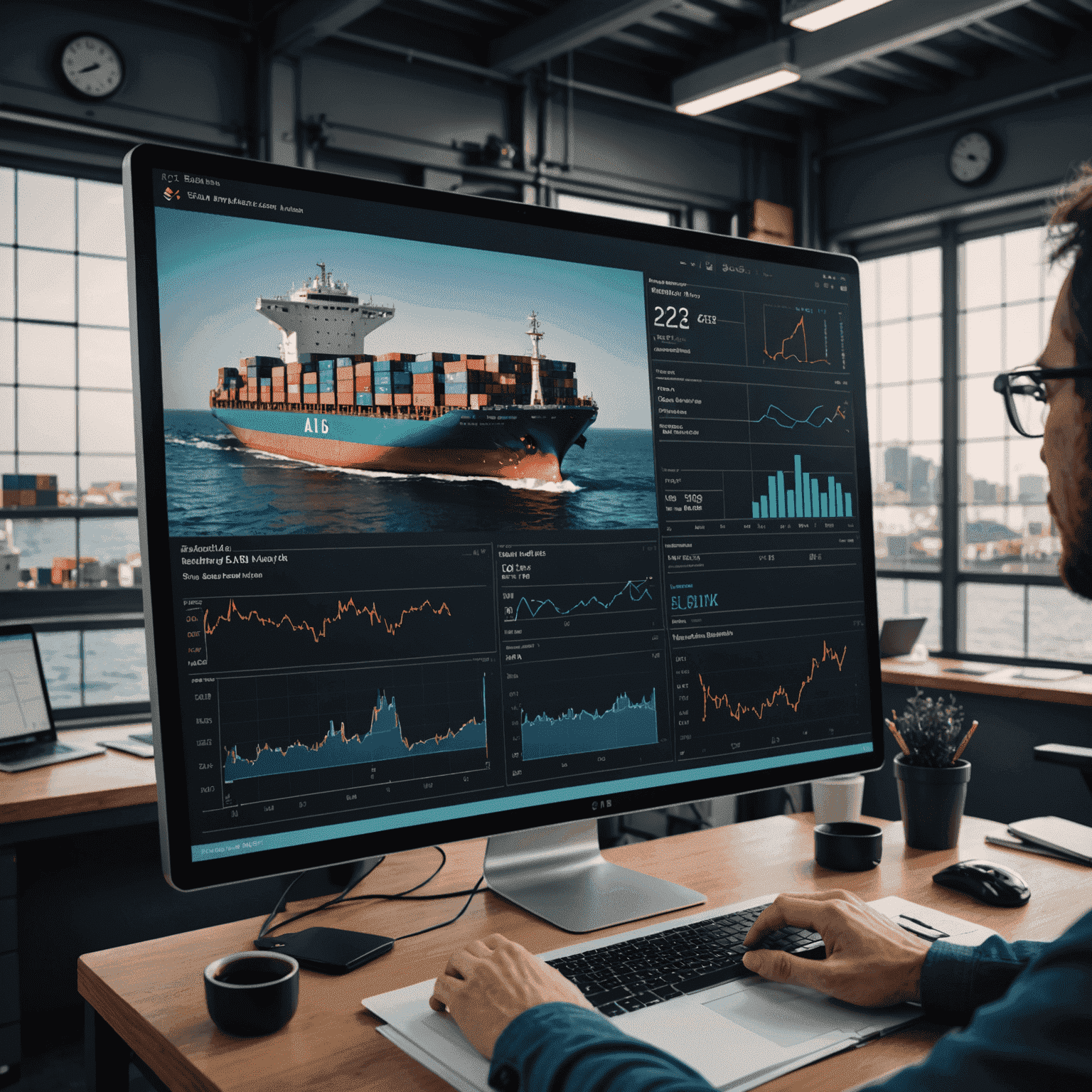 Visual representation of AI algorithms analyzing shipping data and predicting future load demands, with graphs and charts showing improved accuracy