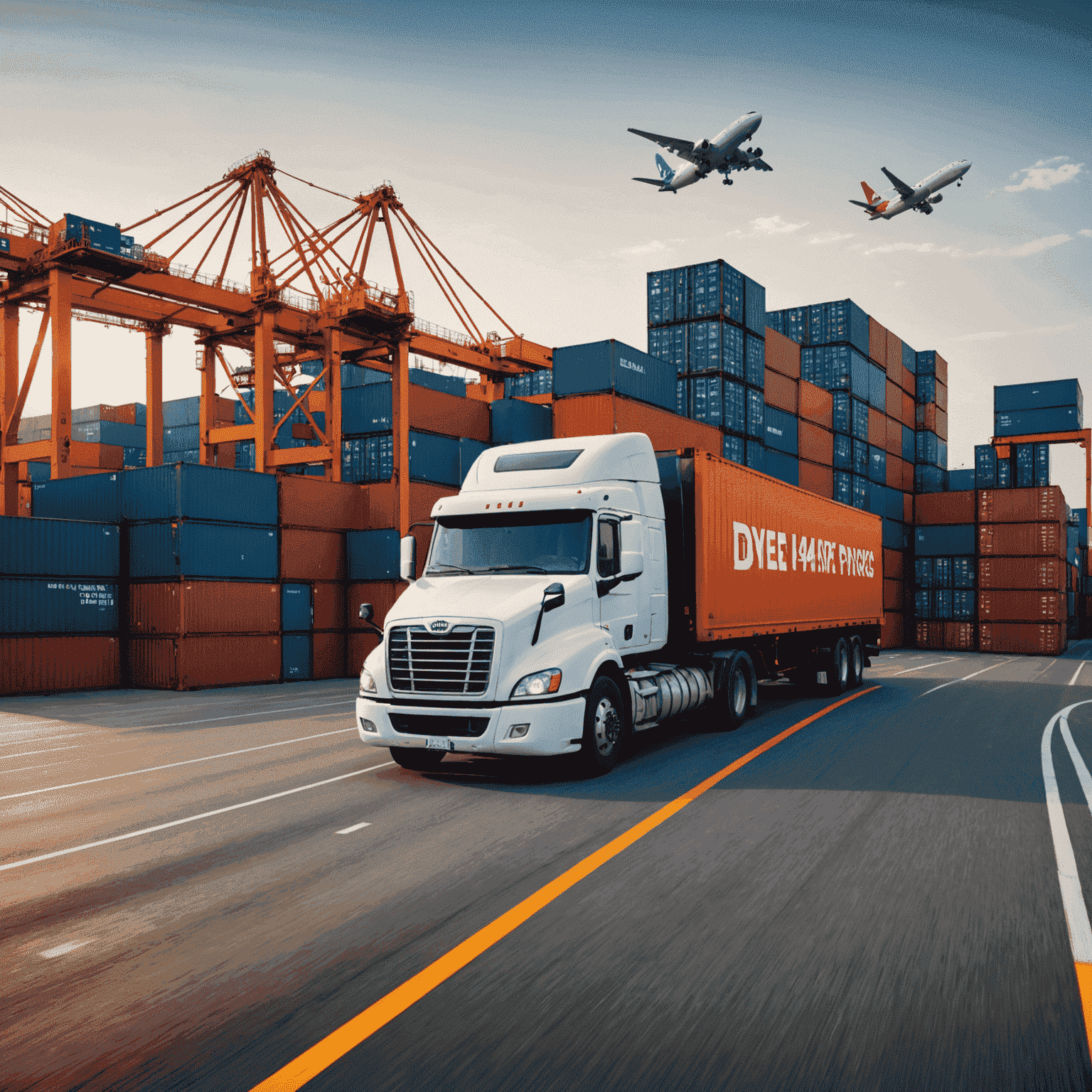 Graph showing dynamic pricing fluctuations in freight market, with trucks and cargo containers in the background