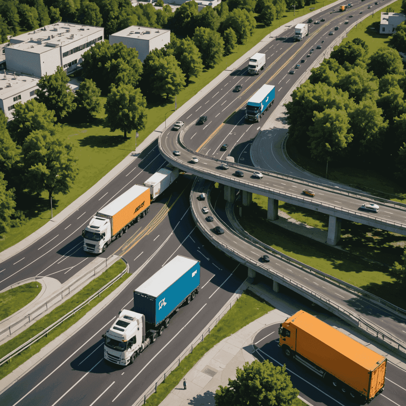 Map with optimized route highlighted, showing multiple stops and real-time traffic data. Trucks are depicted along the route with AI-generated suggestions for efficient paths.