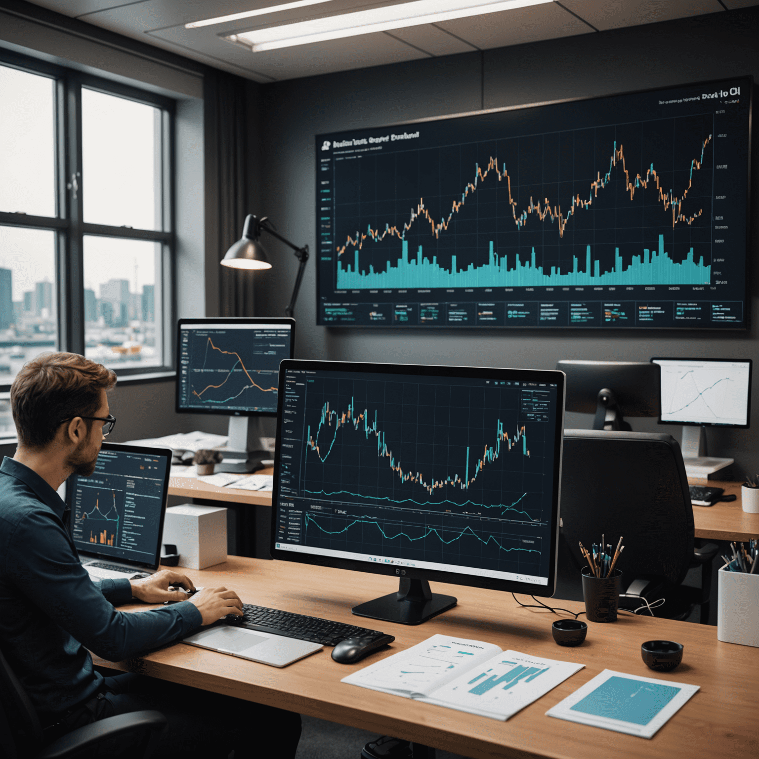 Visual representation of AI algorithms analyzing shipping data and predicting future load demands with graphs and charts
