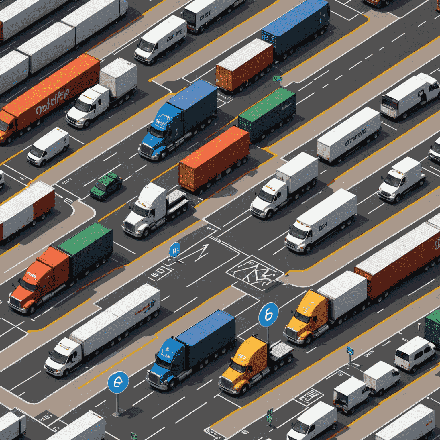 Illustration of seamless integration between various logistics platforms, featuring logos of DAT and Truckstop. Arrows show data flow between systems, emphasizing connectivity and efficiency.